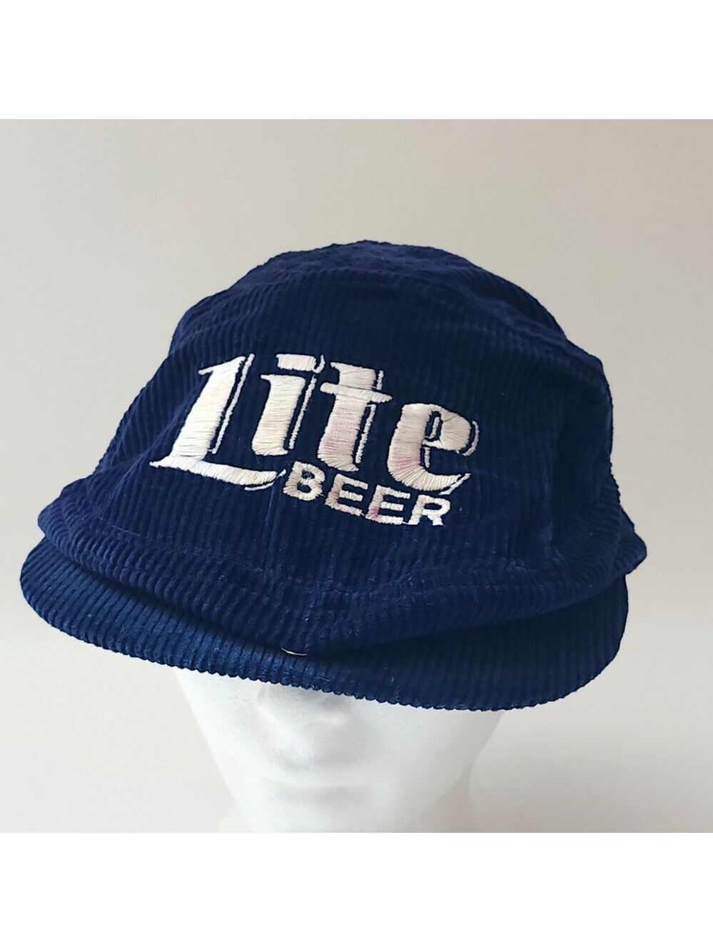 VINTAGE Miller Lite Beer Corduroy Driving Cap Navy Blue Embroidered Logo